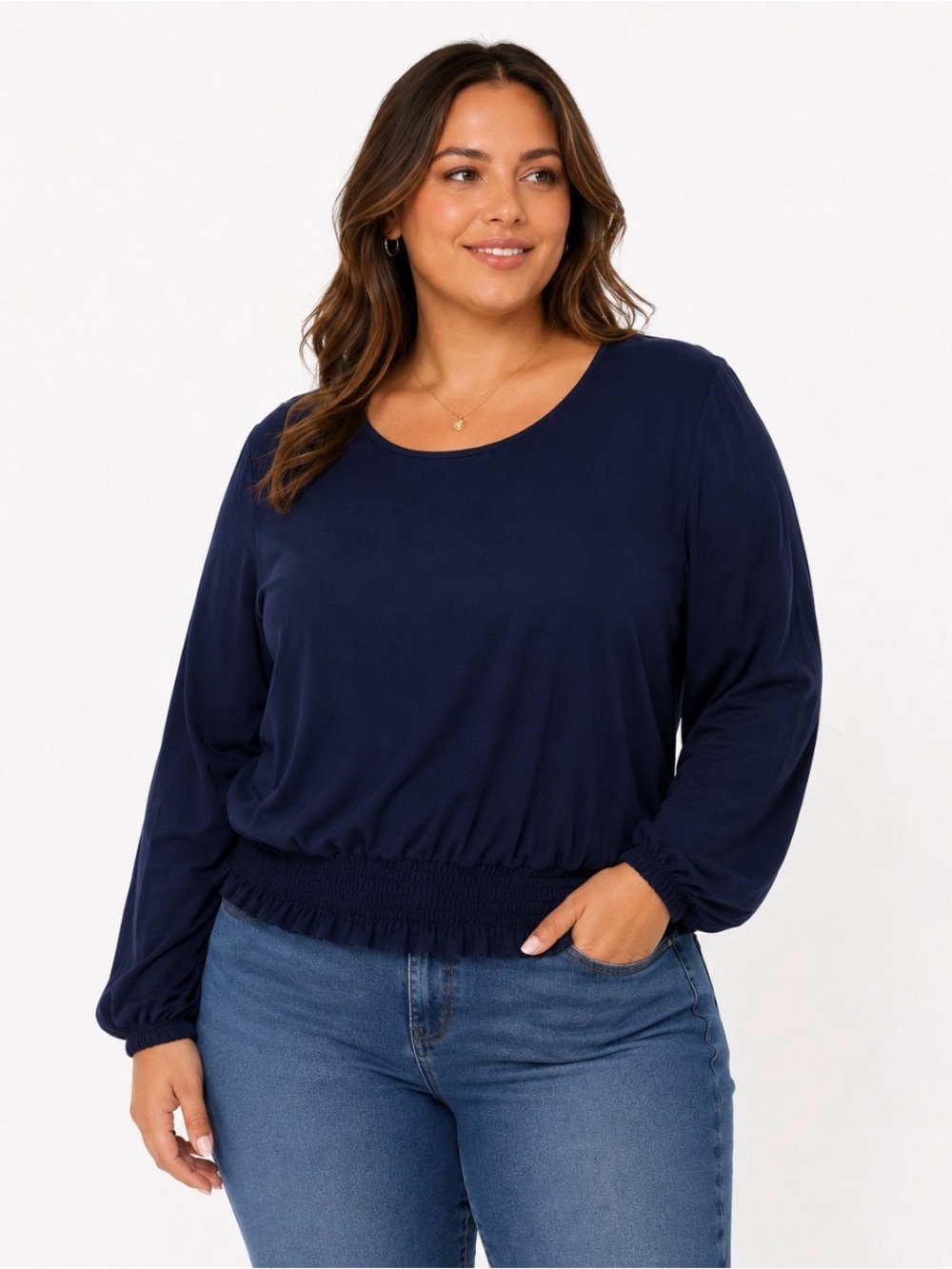 Michael Kors Women’s Navy Long-Sleeve Smocked Hem Top